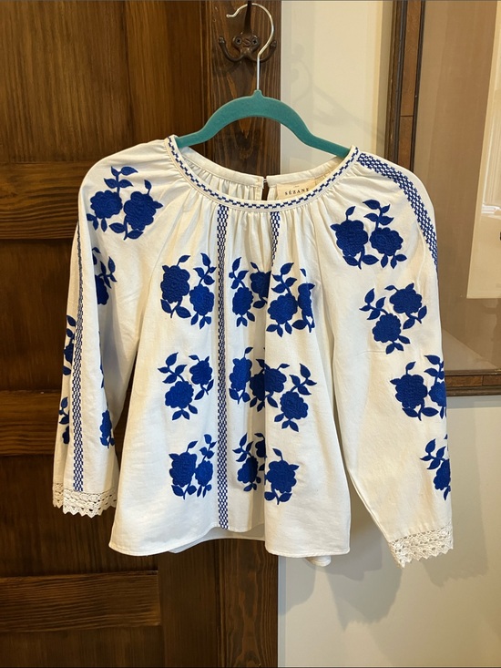 Sezane Tops - Sezane White Blouse with Cobalt Blue Floral Embroidery
